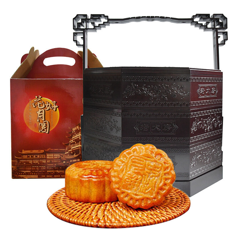 老大房 花好月圓 廣式月餅提籃禮盒 12餅5味 1.5kg包裝禮盒產品包裝創(chuàng)意設計欣賞(圖1)